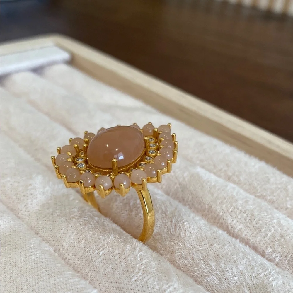 New Hespera Authentic Peach Moonstone and White Topaz Teardrop Adjustable Ring